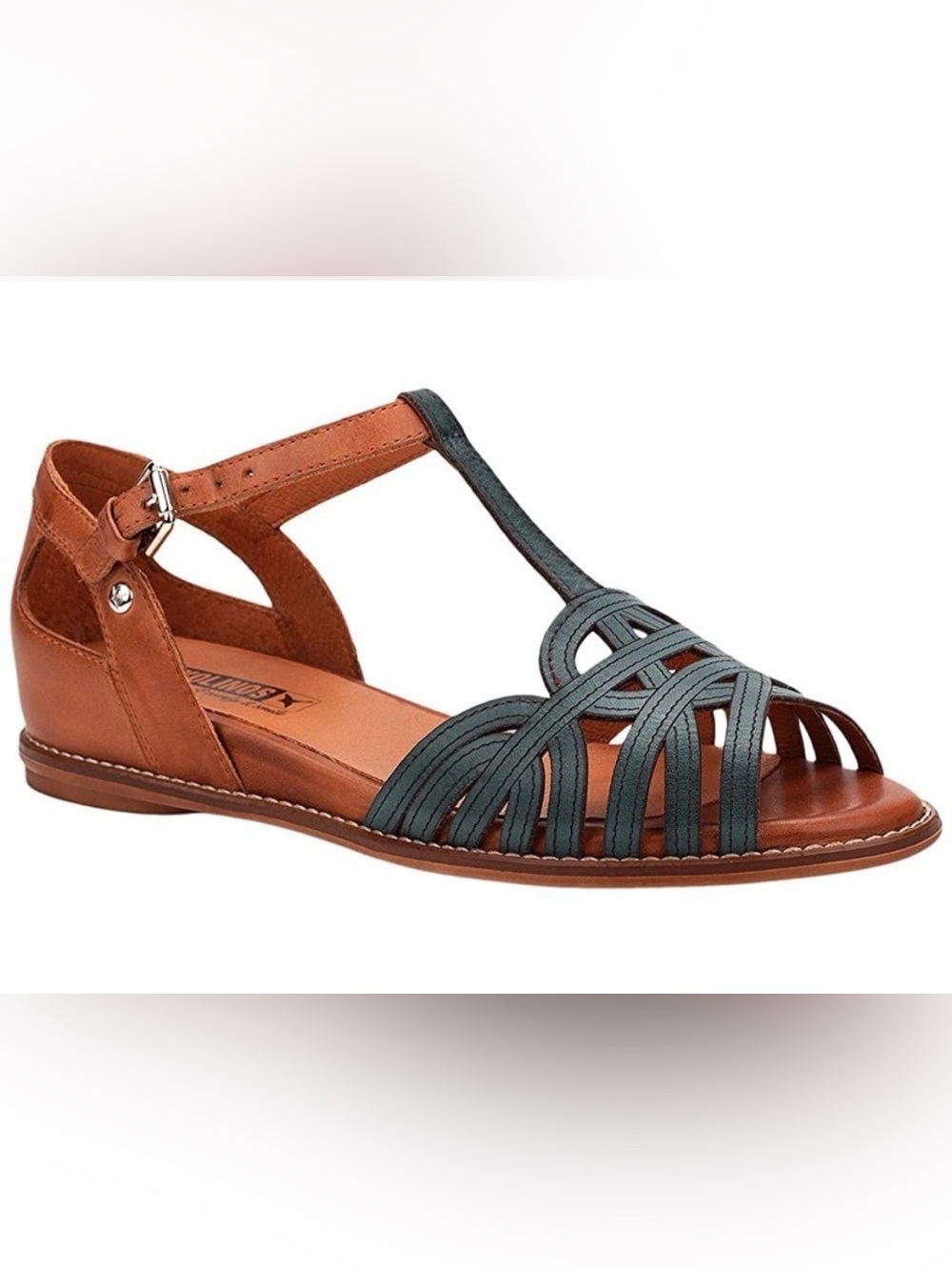 PIKOLINOS Teal Strappy T‑Bar Leather Sandal with Brown Footbed - Picture 2 of 6